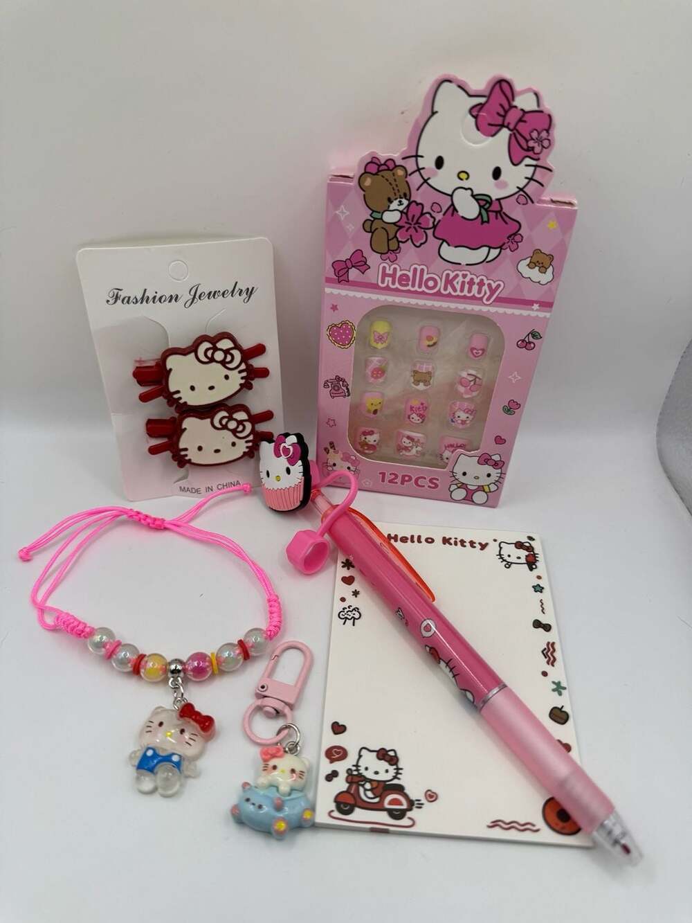 Hello Kitty Accessory Bundle - Press-On Nails, Hair Clips, Pen, Bracelet, Keycha
